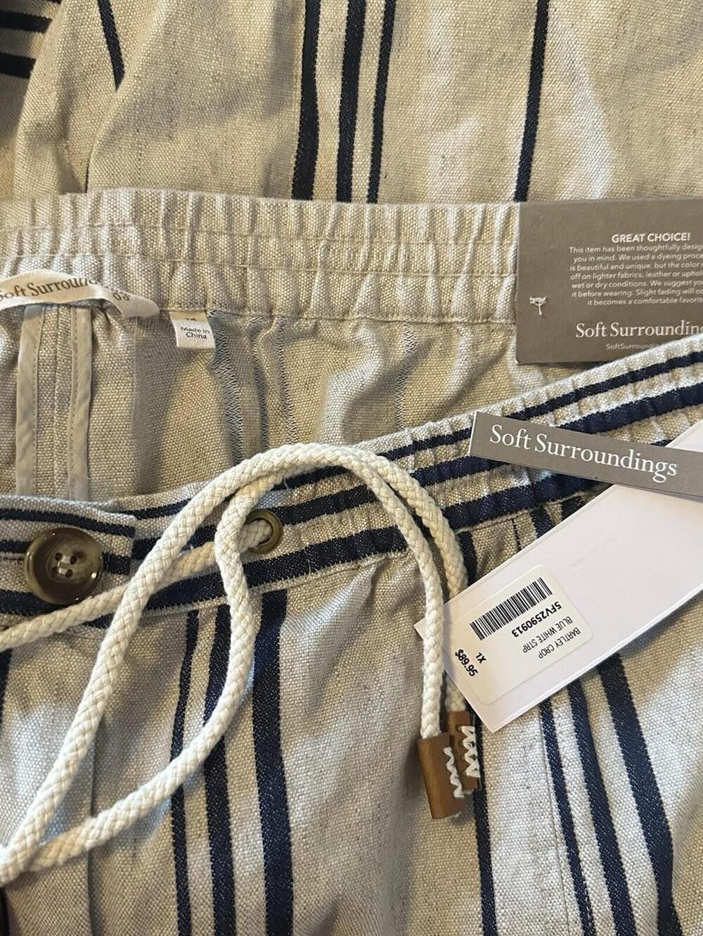 Soft Surroundings Vacation Beach Striped Linen Cotton Pants Cream/navy 1XL NWT - Picture 6 of 14